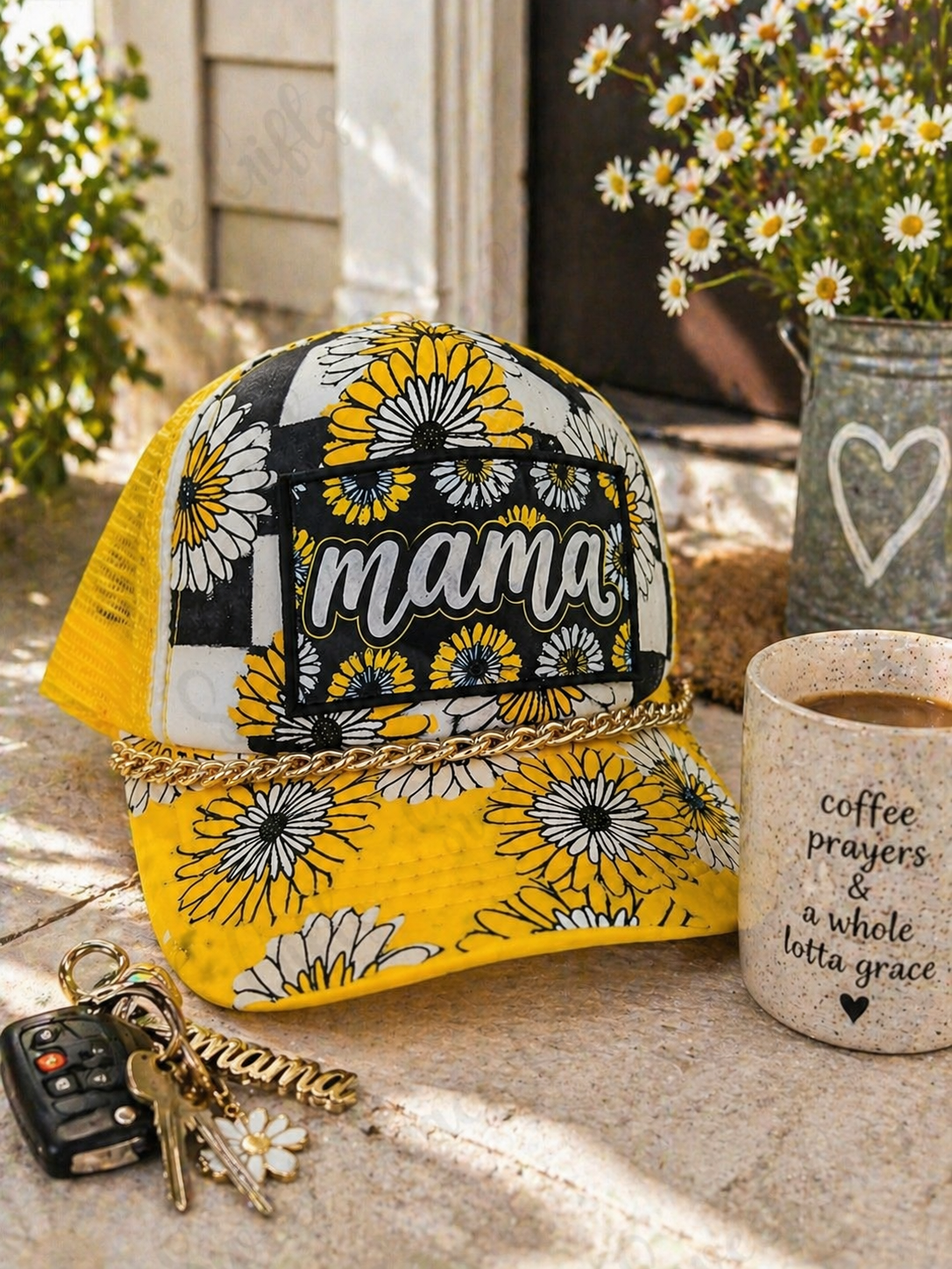 Mama Daisy Trucker Hat, Floral Mama Baseball Cap, Sunflower Checkered Hat, Yellow Mesh Snapback, Boutique Mom Hat, Cute Mom Gift