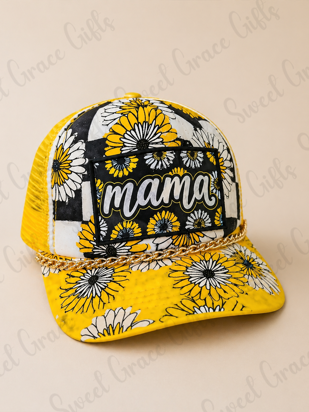 Mama Daisy Trucker Hat, Floral Mama Baseball Cap, Sunflower Checkered Hat, Yellow Mesh Snapback, Boutique Mom Hat, Cute Mom Gift