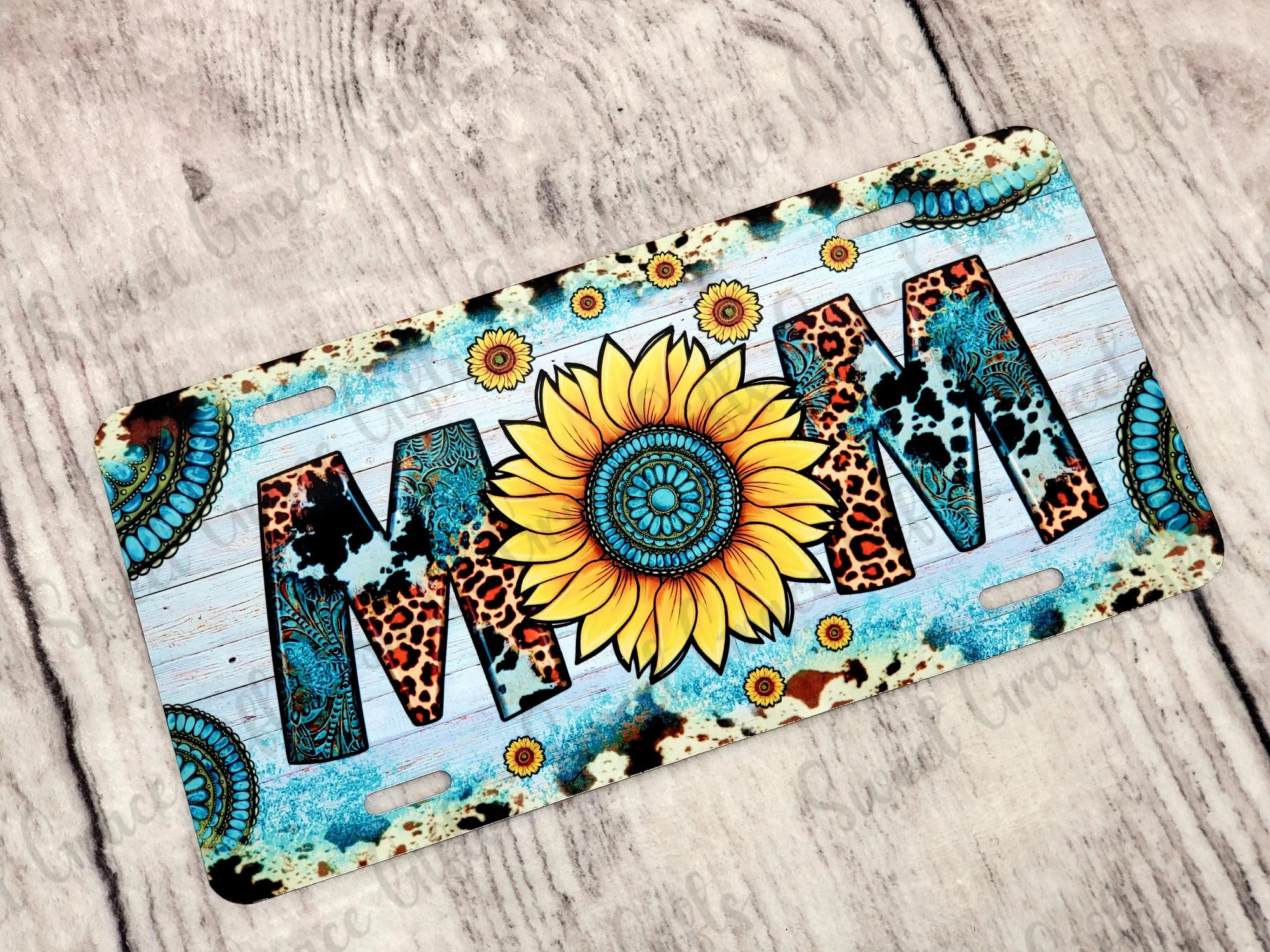 Sunflower MOM License Plate | Western Leopard Turquoise Car Tag | Boho Mama Car Decor | Cow Print Floral Auto Accessory Gift for Mom