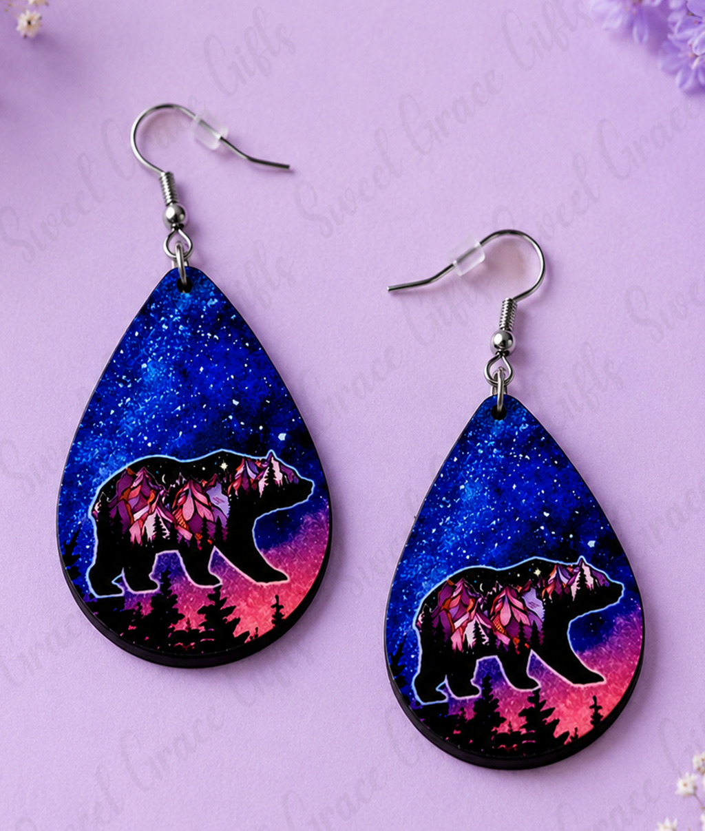 Mountain Bear Teardrop Earrings | Galaxy Bear Dangle Earrings | Wildlife Nature Jewelry | Bear Lover Gift for Women