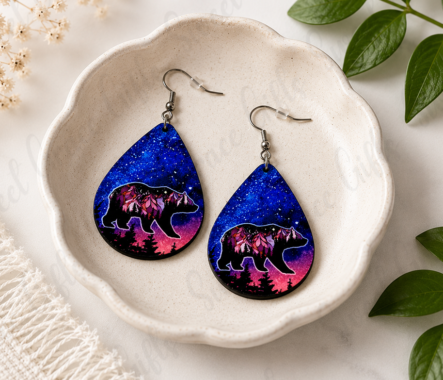 Mountain Bear Teardrop Earrings | Galaxy Bear Dangle Earrings | Wildlife Nature Jewelry | Bear Lover Gift for Women