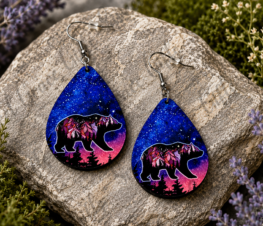 Mountain Bear Teardrop Earrings | Galaxy Bear Dangle Earrings | Wildlife Nature Jewelry | Bear Lover Gift for Women