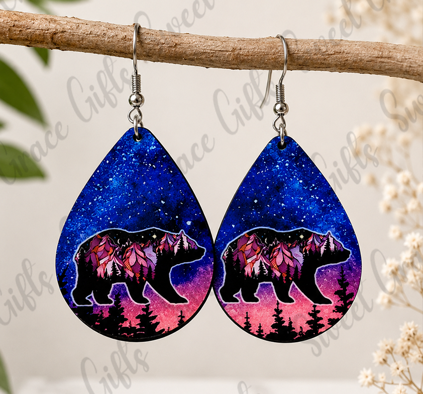 Mountain Bear Teardrop Earrings | Galaxy Bear Dangle Earrings | Wildlife Nature Jewelry | Bear Lover Gift for Women