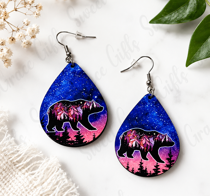 Mountain Bear Teardrop Earrings | Galaxy Bear Dangle Earrings | Wildlife Nature Jewelry | Bear Lover Gift for Women