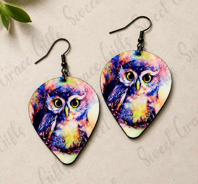 Watercolor Owl Teardrop Earrings | Owl Lover Gift | Colorful Bird Dangle Earrings | Nature Wildlife Jewelry for Women