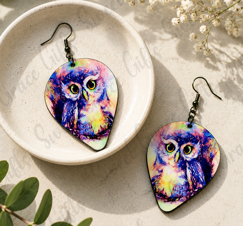 Watercolor Owl Teardrop Earrings | Owl Lover Gift | Colorful Bird Dangle Earrings | Nature Wildlife Jewelry for Women