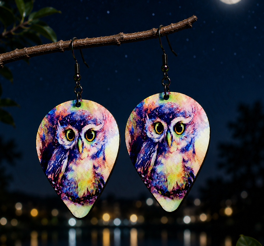 Watercolor Owl Teardrop Earrings | Owl Lover Gift | Colorful Bird Dangle Earrings | Nature Wildlife Jewelry for Women