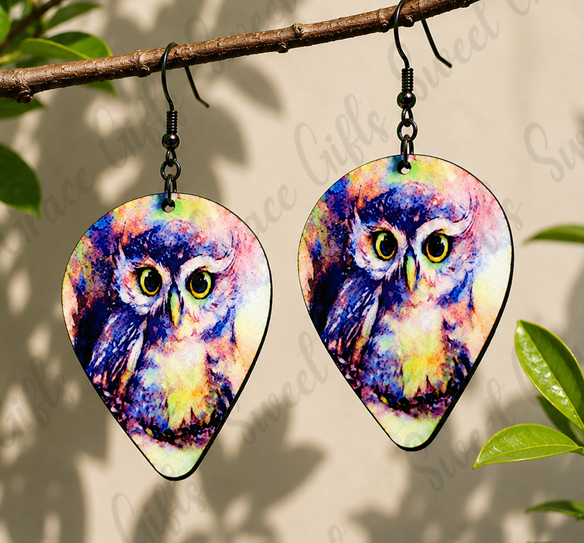 Watercolor Owl Teardrop Earrings | Owl Lover Gift | Colorful Bird Dangle Earrings | Nature Wildlife Jewelry for Women