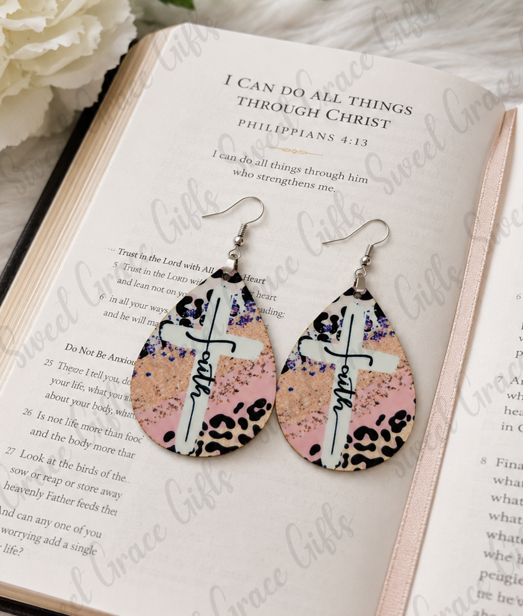 Faith Cross Teardrop Earrings | Christian Earrings for Women | Pink Leopard Cross Dangle Earrings | Inspirational Jewelry Gift