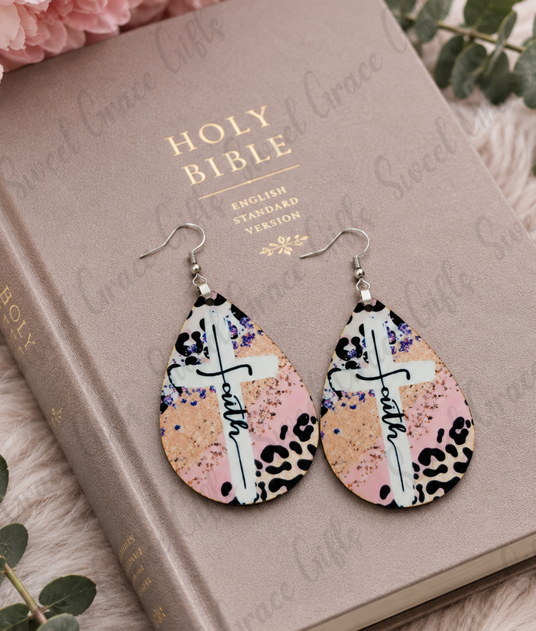 Faith Cross Teardrop Earrings | Christian Earrings for Women | Pink Leopard Cross Dangle Earrings | Inspirational Jewelry Gift