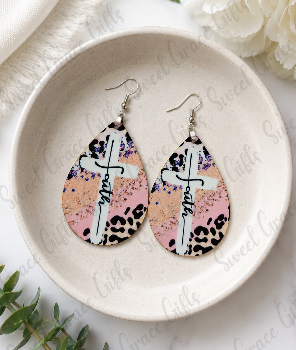 Faith Cross Teardrop Earrings | Christian Earrings for Women | Pink Leopard Cross Dangle Earrings | Inspirational Jewelry Gift