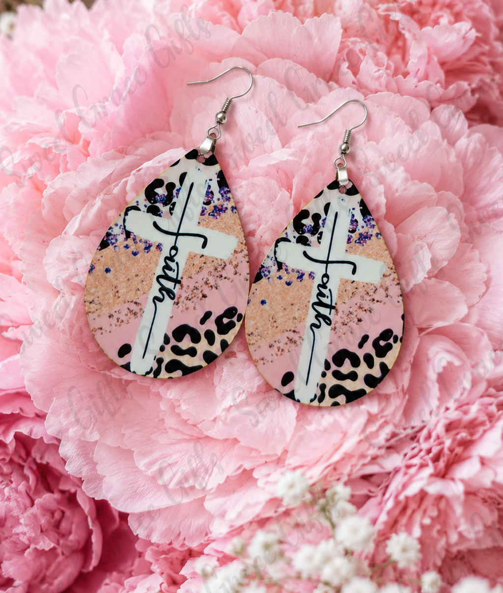 Faith Cross Teardrop Earrings | Christian Earrings for Women | Pink Leopard Cross Dangle Earrings | Inspirational Jewelry Gift