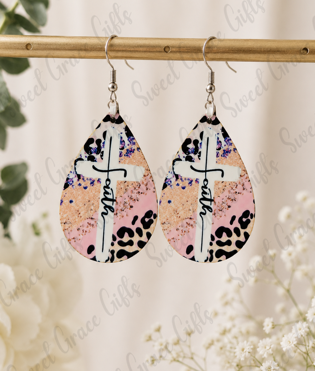 Faith Cross Teardrop Earrings | Christian Earrings for Women | Pink Leopard Cross Dangle Earrings | Inspirational Jewelry Gift