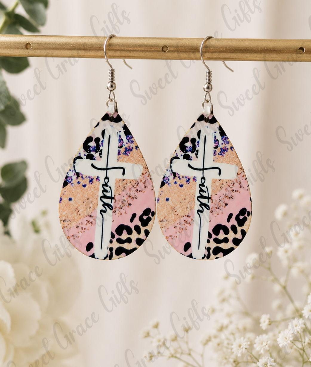 Faith Cross Teardrop Earrings | Christian Earrings for Women | Pink Leopard Cross Dangle Earrings | Inspirational Jewelry Gift