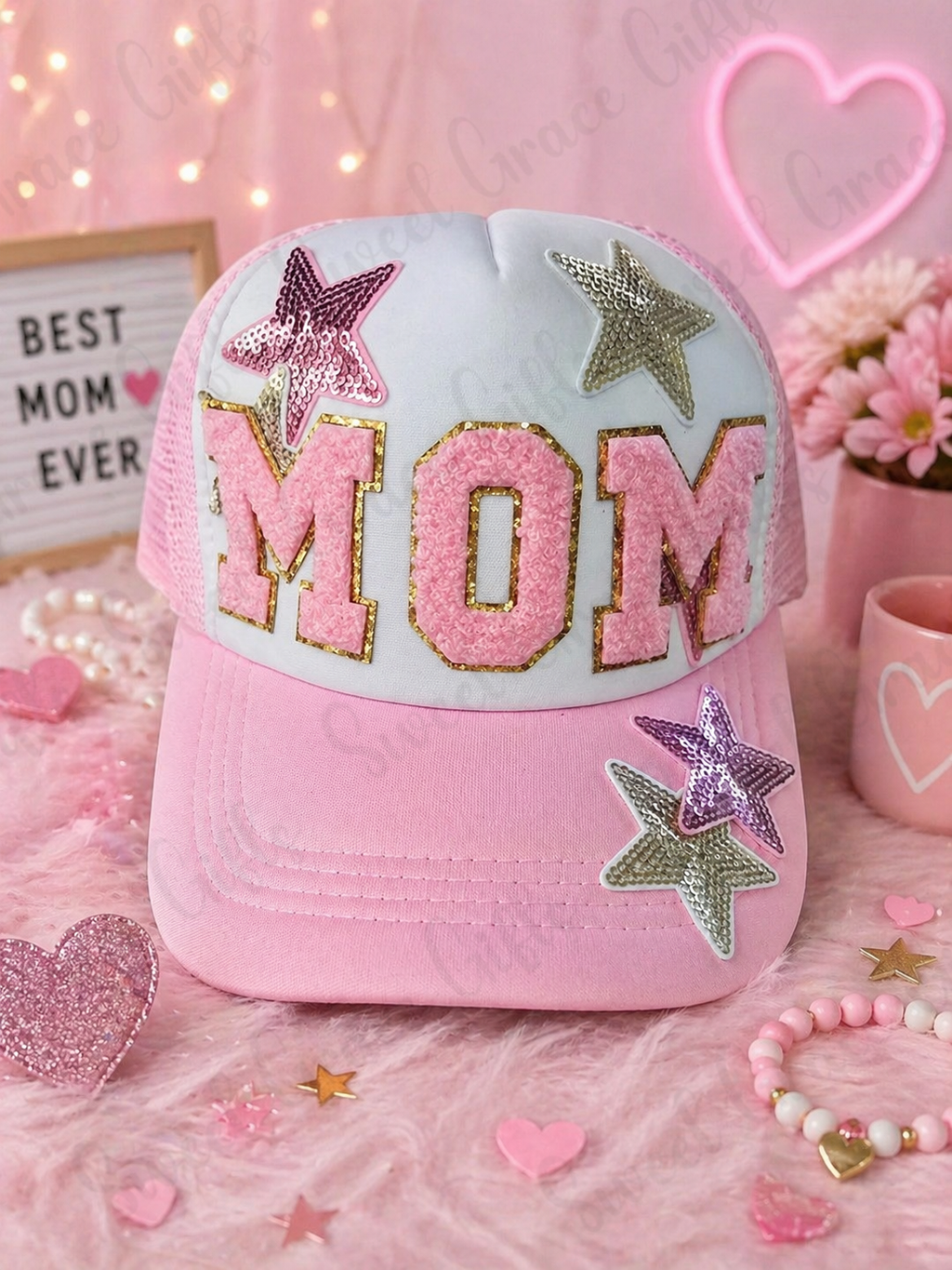 Pink MOM Trucker Hat, Cute Mom Baseball Cap, Sequin Star Patch Hat, Girly Mesh Snapback, Boutique Mama Hat, Mother’s Day Gift