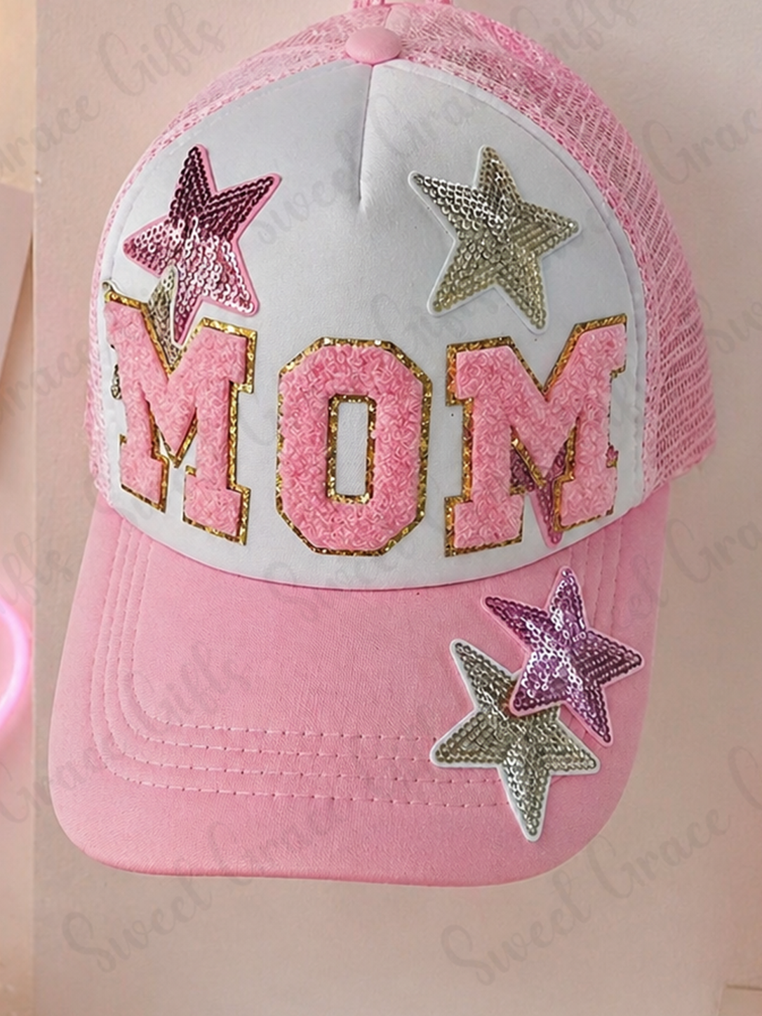 Pink MOM Trucker Hat, Cute Mom Baseball Cap, Sequin Star Patch Hat, Girly Mesh Snapback, Boutique Mama Hat, Mother’s Day Gift