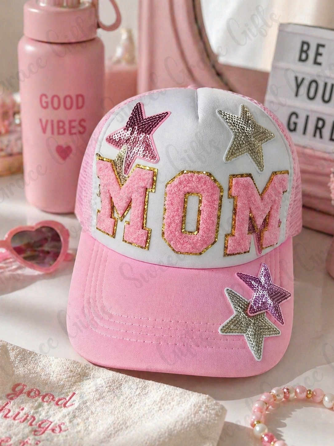 Pink MOM Trucker Hat, Cute Mom Baseball Cap, Sequin Star Patch Hat, Girly Mesh Snapback, Boutique Mama Hat, Mother’s Day Gift