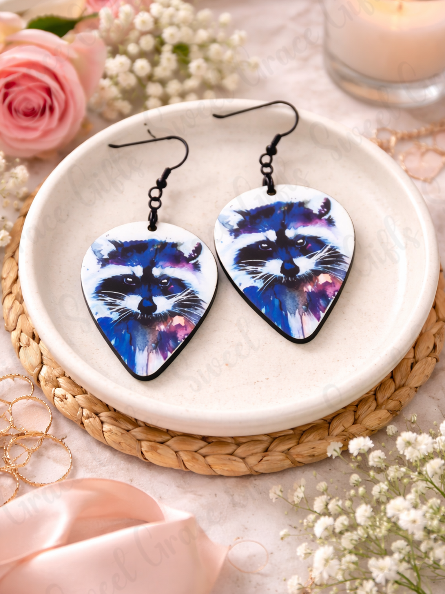 Watercolor Raccoon Teardrop Earrings | Handmade Woodland Animal Earrings | Lightweight Boho Jewelry