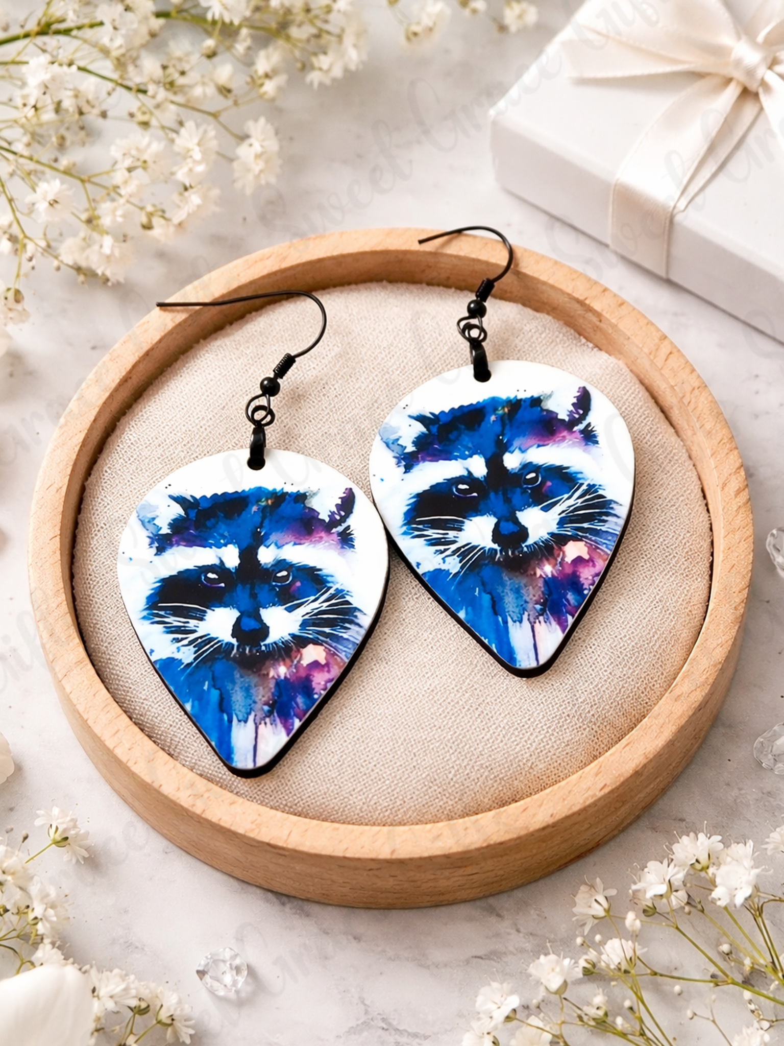 Watercolor Raccoon Teardrop Earrings | Handmade Woodland Animal Earrings | Lightweight Boho Jewelry