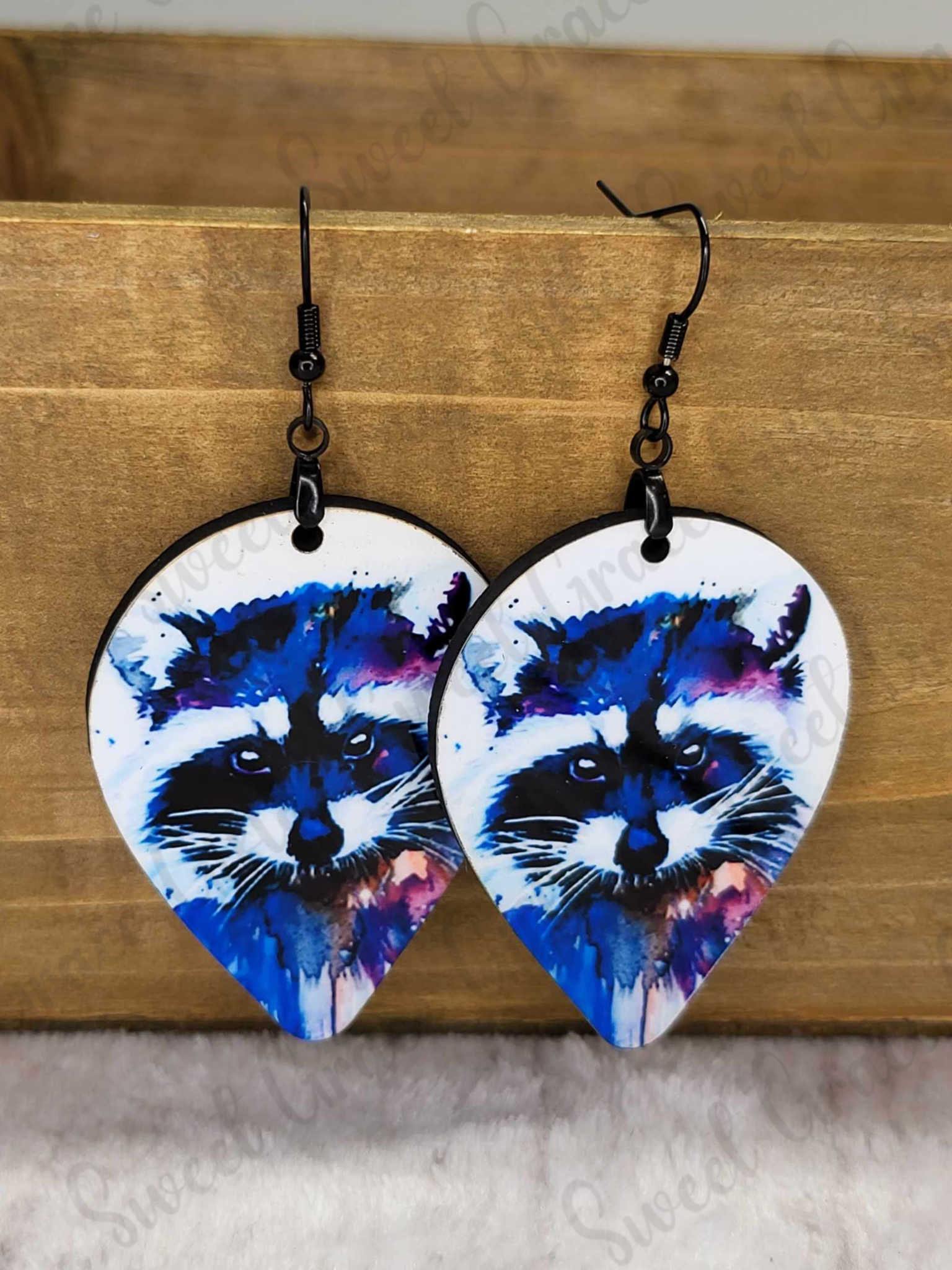 Watercolor Raccoon Teardrop Earrings | Handmade Woodland Animal Earrings | Lightweight Boho Jewelry