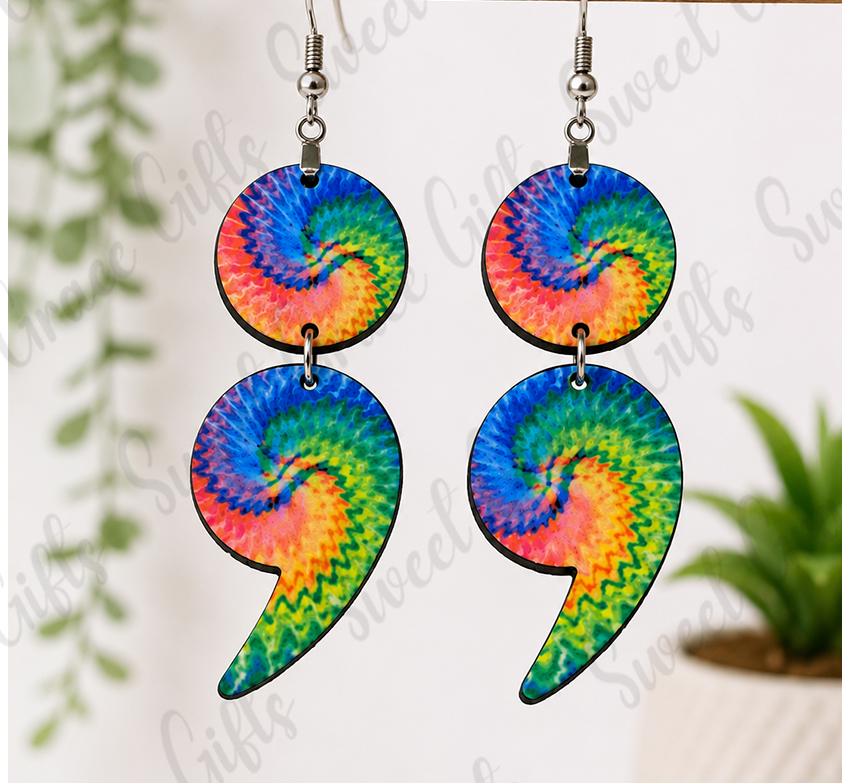 🌈 Tie Dye Semicolon Earrings | Mental Health Awareness Earrings | Rainbow Semicolon Dangle Earrings | Suicide Prevention Gift