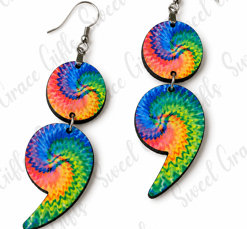 🌈 Tie Dye Semicolon Earrings | Mental Health Awareness Earrings | Rainbow Semicolon Dangle Earrings | Suicide Prevention Gift