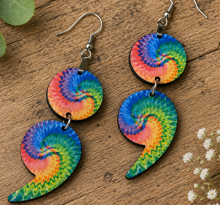 🌈 Tie Dye Semicolon Earrings | Mental Health Awareness Earrings | Rainbow Semicolon Dangle Earrings | Suicide Prevention Gift