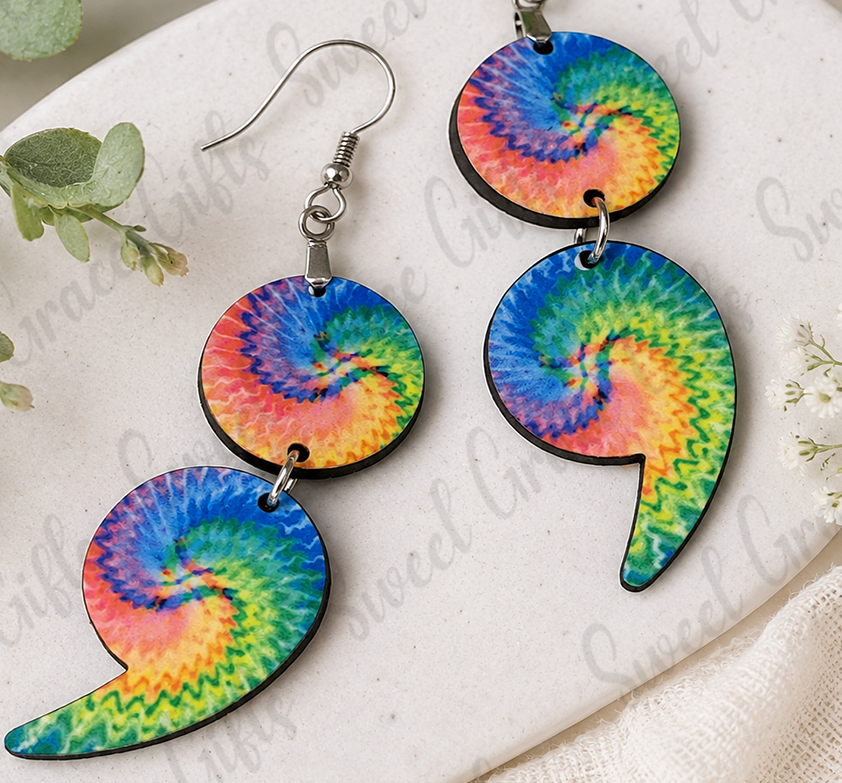 🌈 Tie Dye Semicolon Earrings | Mental Health Awareness Earrings | Rainbow Semicolon Dangle Earrings | Suicide Prevention Gift