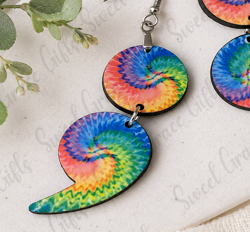 🌈 Tie Dye Semicolon Earrings | Mental Health Awareness Earrings | Rainbow Semicolon Dangle Earrings | Suicide Prevention Gift