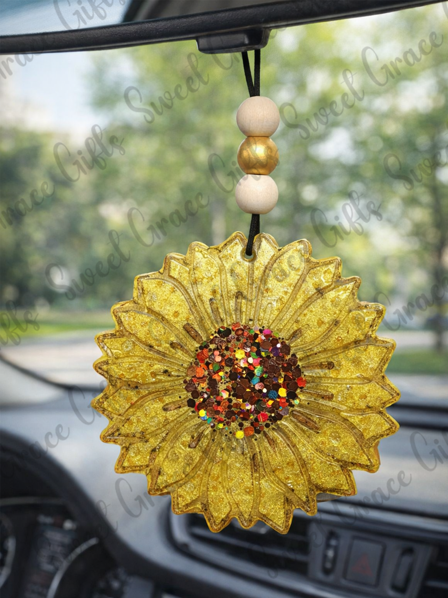 Sunflower Freshie Car Air Freshener, Handmade Aroma Bead Freshie, Car Charm, Cute Car Accessories, Long Lasting Scent Gif