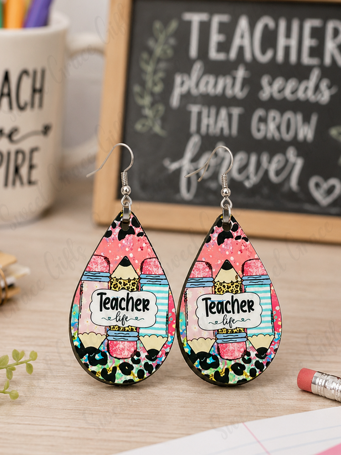 Teacher Life Pencil Teardrop Earrings | Teacher Appreciation Gift | Cute School Earrings | Back to School Teacher Jewelry