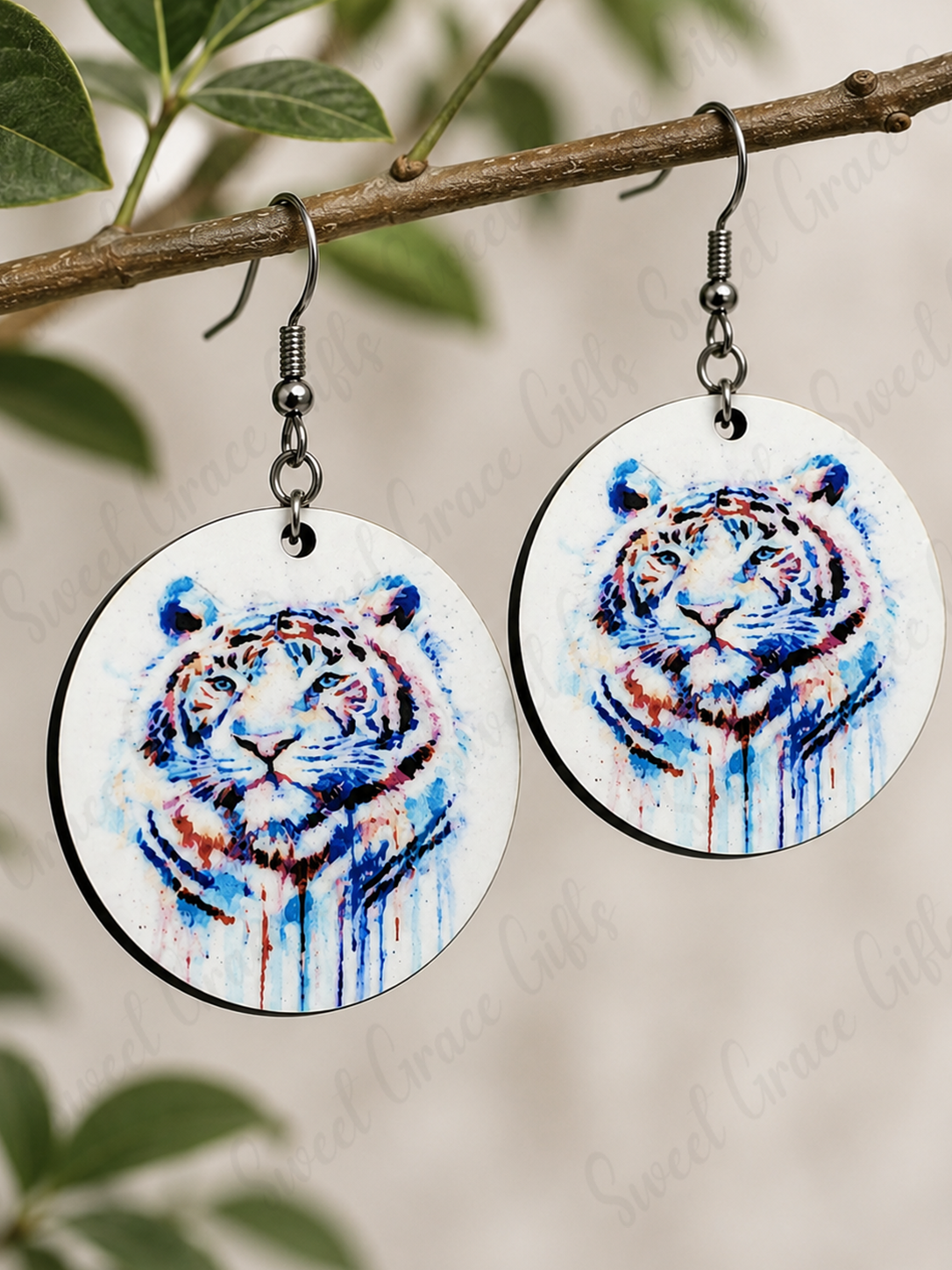 Watercolor Tiger Circle Earrings | Tiger Lover Gift | Wildlife Animal Dangle Earrings | Lightweight Statement Jewelry