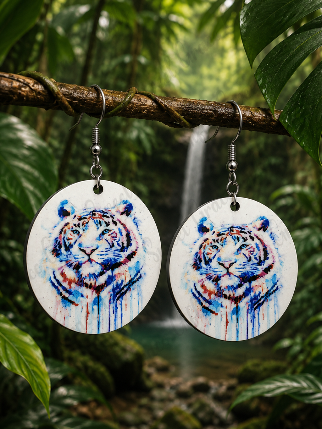 Watercolor Tiger Circle Earrings | Tiger Lover Gift | Wildlife Animal Dangle Earrings | Lightweight Statement Jewelry
