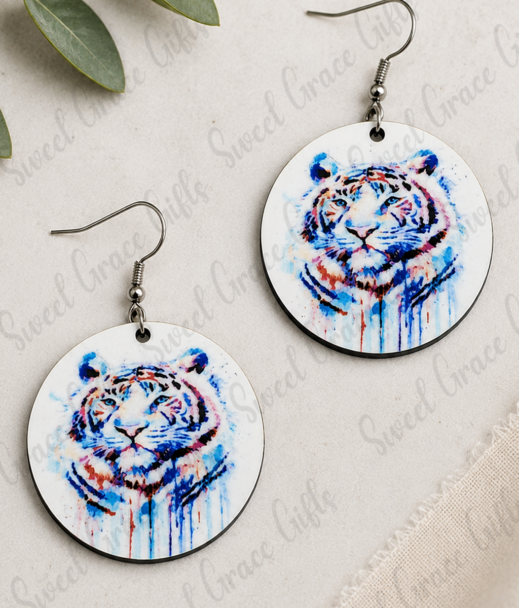 Watercolor Tiger Circle Earrings | Tiger Lover Gift | Wildlife Animal Dangle Earrings | Lightweight Statement Jewelry