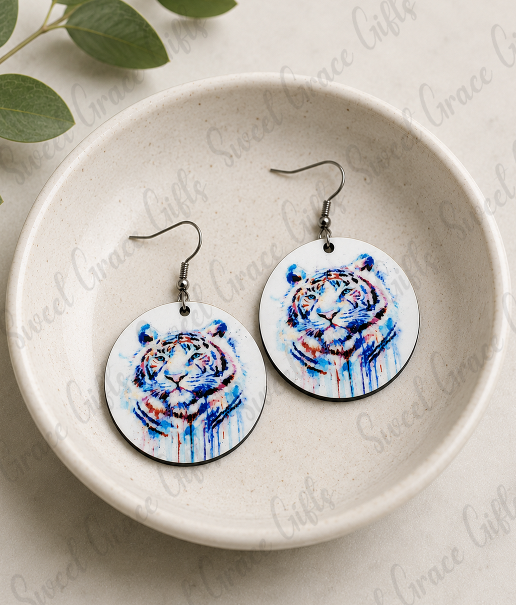 Watercolor Tiger Circle Earrings | Tiger Lover Gift | Wildlife Animal Dangle Earrings | Lightweight Statement Jewelry