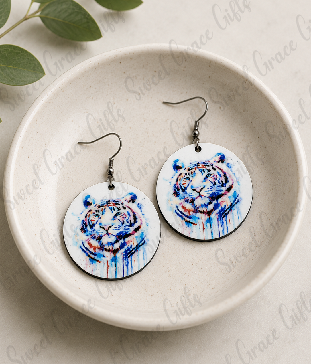 Watercolor Tiger Circle Earrings | Tiger Lover Gift | Wildlife Animal Dangle Earrings | Lightweight Statement Jewelry
