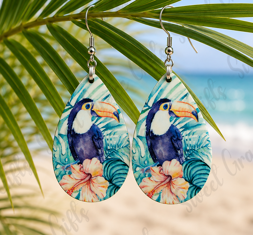 🦜 Watercolor Toucan Teardrop Earrings | Tropical Bird Dangle Earrings | Colorful Toucan Jewelry | Beach Vacation Gift for Women