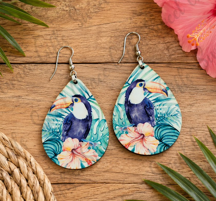 🦜 Watercolor Toucan Teardrop Earrings | Tropical Bird Dangle Earrings | Colorful Toucan Jewelry | Beach Vacation Gift for Women