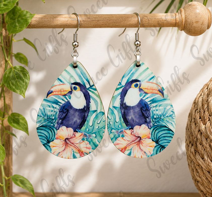 🦜 Watercolor Toucan Teardrop Earrings | Tropical Bird Dangle Earrings | Colorful Toucan Jewelry | Beach Vacation Gift for Women