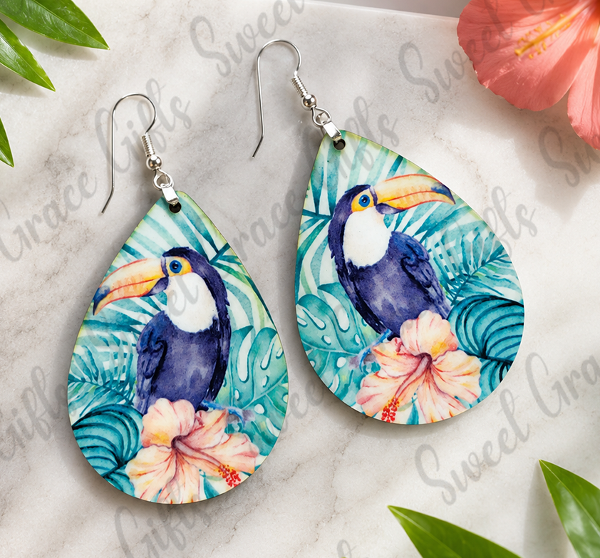 🦜 Watercolor Toucan Teardrop Earrings | Tropical Bird Dangle Earrings | Colorful Toucan Jewelry | Beach Vacation Gift for Women