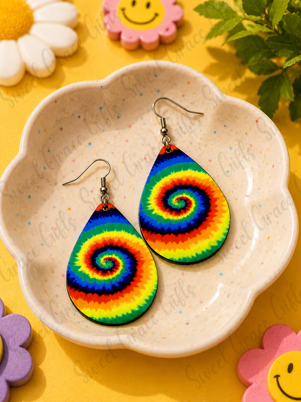 Rainbow Tie Dye Teardrop Earrings | Colorful Boho Dangle Earrings | Bright Spiral Swirl Statement Earrings | Lightweight Handmade Jewelry Gift
