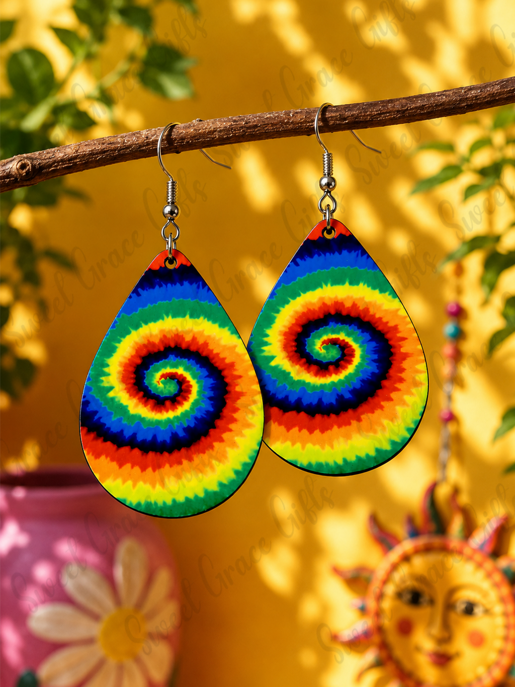 Rainbow Tie Dye Teardrop Earrings | Colorful Boho Dangle Earrings | Bright Spiral Swirl Statement Earrings | Lightweight Handmade Jewelry Gift