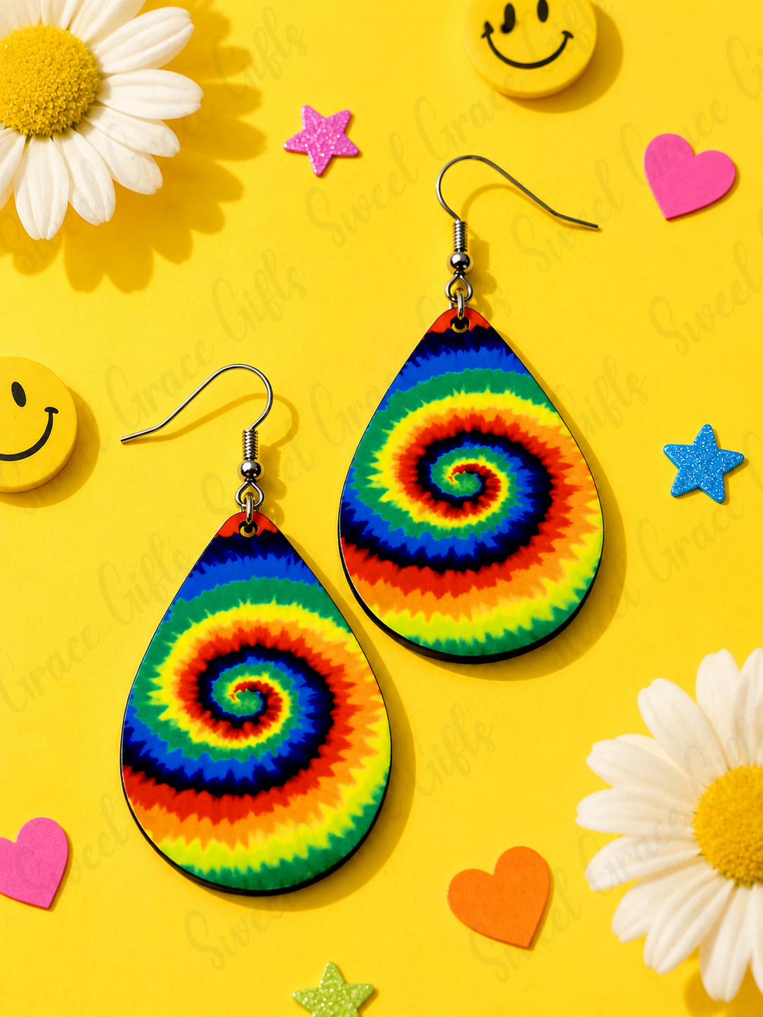 Rainbow Tie Dye Teardrop Earrings | Colorful Boho Dangle Earrings | Bright Spiral Swirl Statement Earrings | Lightweight Handmade Jewelry Gift