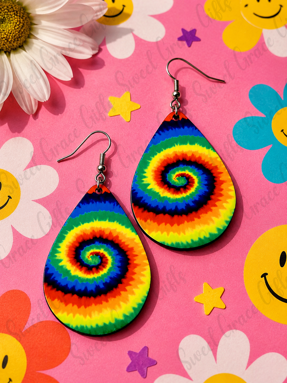 Rainbow Tie Dye Teardrop Earrings | Colorful Boho Dangle Earrings | Bright Spiral Swirl Statement Earrings | Lightweight Handmade Jewelry Gift