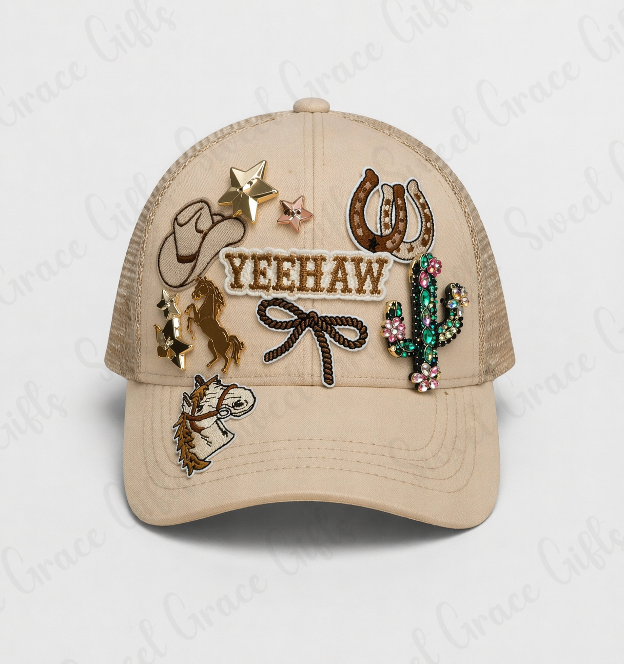 Yeehaw Western Trucker Hat, Cowgirl Bling Hat, Rhinestone Cactus & Horseshoe Cap, Country Girl Hat, Rodeo Outfit Accessory, Cute Western Style Hat