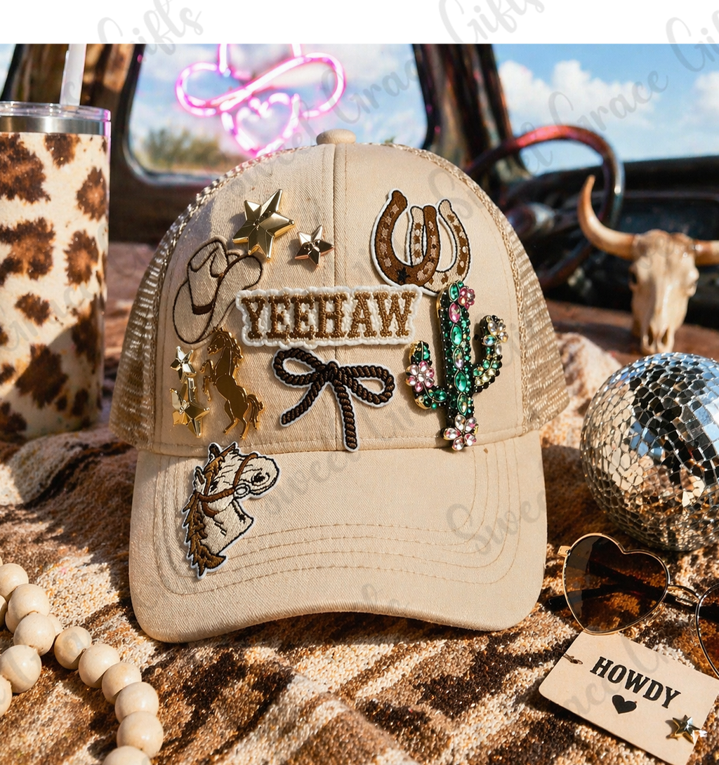 Yeehaw Western Trucker Hat, Cowgirl Bling Hat, Rhinestone Cactus & Horseshoe Cap, Country Girl Hat, Rodeo Outfit Accessory, Cute Western Style Hat