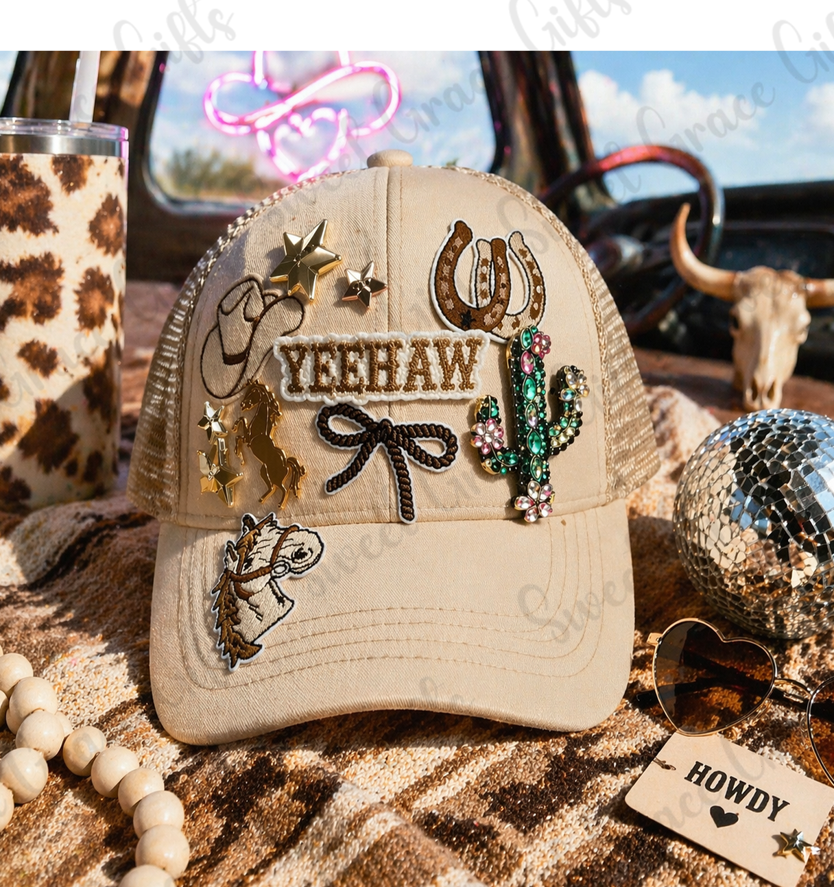 Yeehaw Western Trucker Hat, Cowgirl Bling Hat, Rhinestone Cactus & Horseshoe Cap, Country Girl Hat, Rodeo Outfit Accessory, Cute Western Style Hat