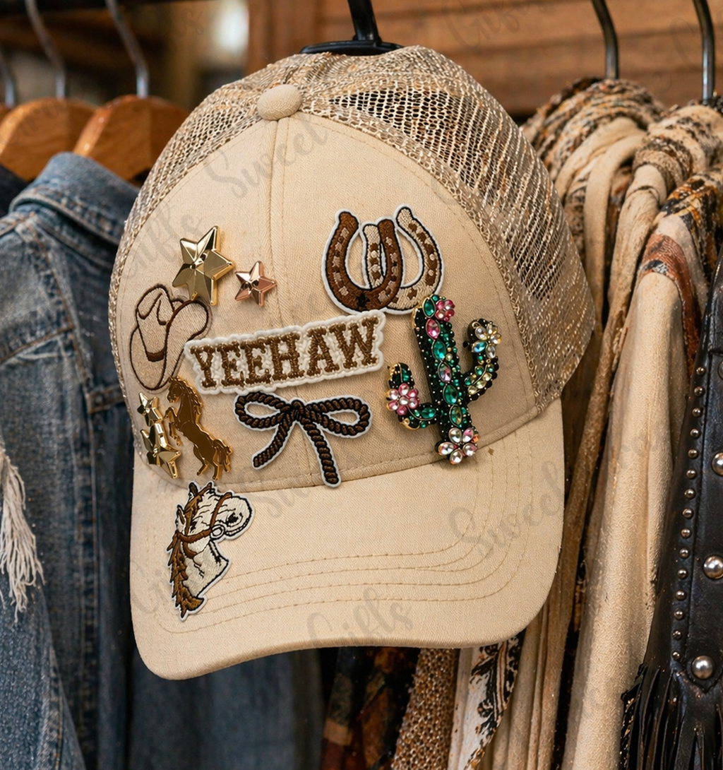 Yeehaw Western Trucker Hat, Cowgirl Bling Hat, Rhinestone Cactus & Horseshoe Cap, Country Girl Hat, Rodeo Outfit Accessory, Cute Western Style Hat