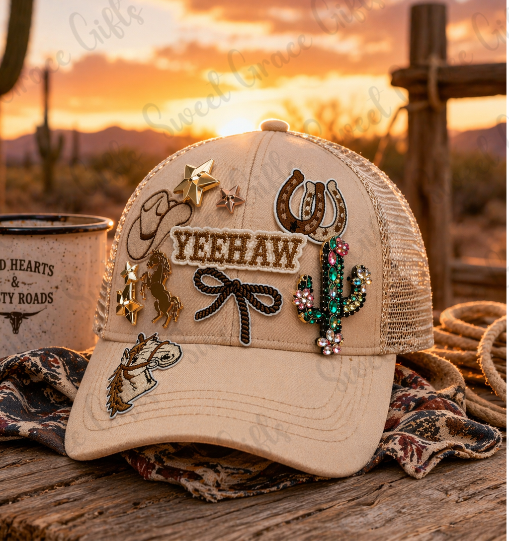 Yeehaw Western Trucker Hat, Cowgirl Bling Hat, Rhinestone Cactus & Horseshoe Cap, Country Girl Hat, Rodeo Outfit Accessory, Cute Western Style Hat