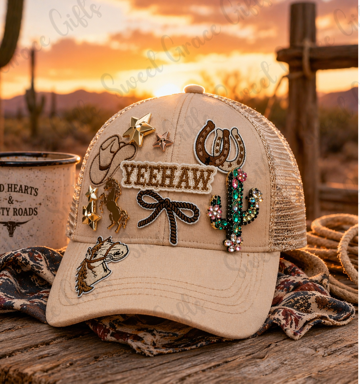 Yeehaw Western Trucker Hat, Cowgirl Bling Hat, Rhinestone Cactus & Horseshoe Cap, Country Girl Hat, Rodeo Outfit Accessory, Cute Western Style Hat